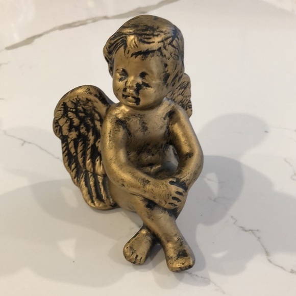 Gilded Angel Cherub Angels Figurines Chalkware Made in Taiwan Ceramic set (2) 4” - Picture 3 of 9